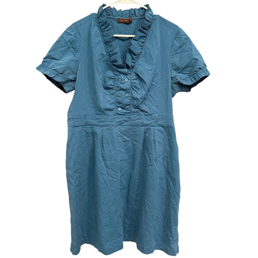 The Limited Ruffle Dress Casual Button‎ Front Short Sleeve Blue Size 14